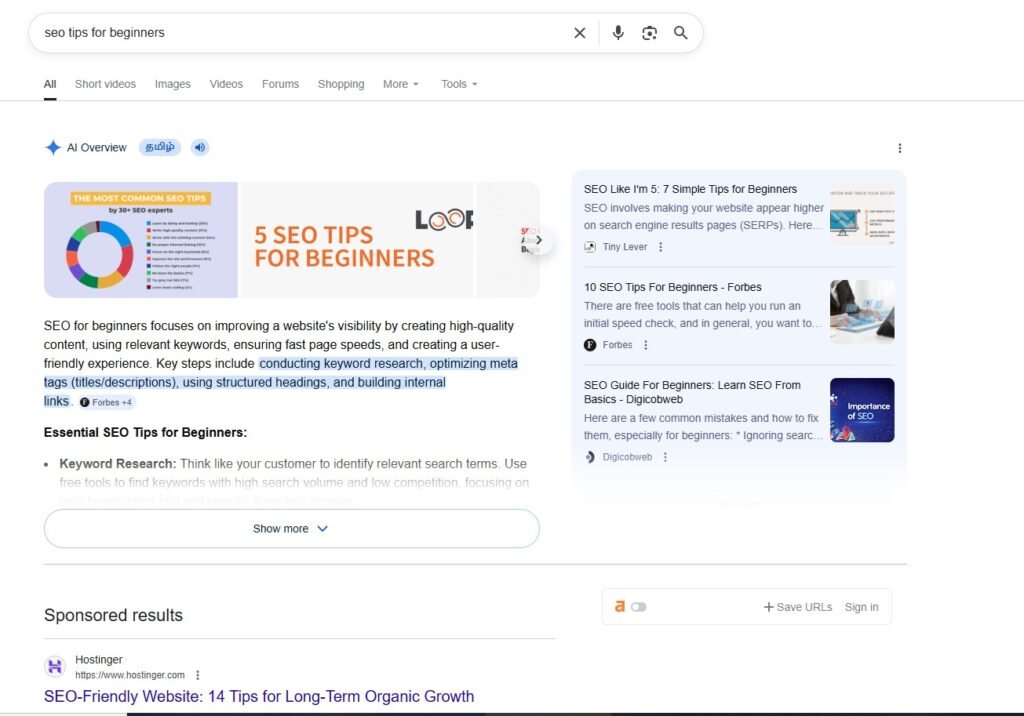 SEO tips for beginners google result